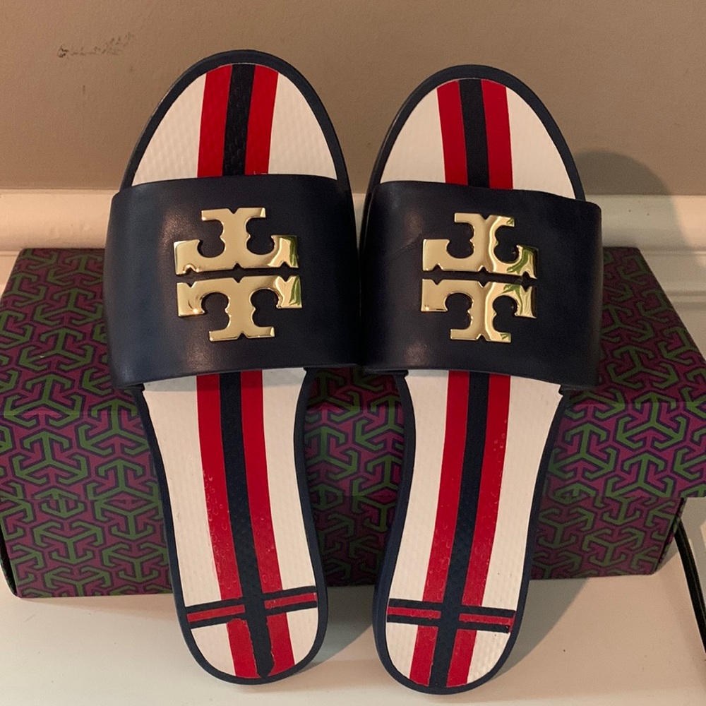 Tory Burch Navy Logo Jelly Slide Sandals